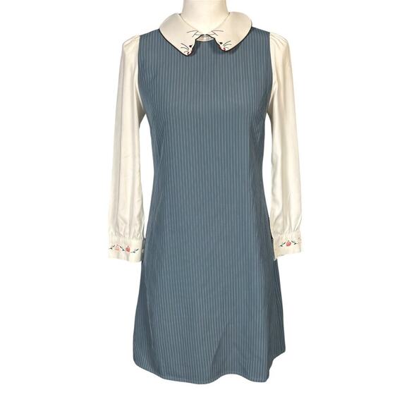 Miss Patina London Mini Dress Size Small Gray Pinstripe Kitten Collar Retro 60s - Picture 1 of 9